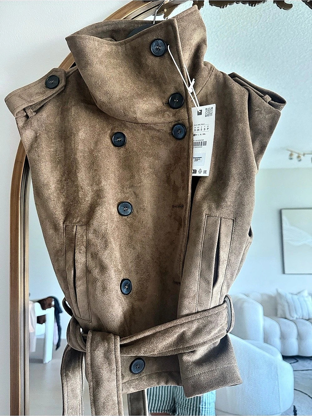Zara Faux Suede Belted Vest Brown Medium